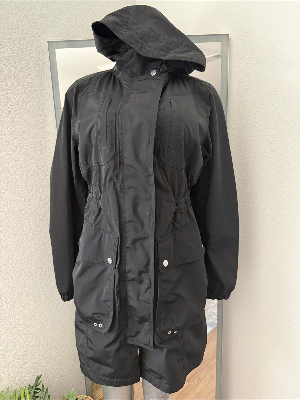 Athleta Black Hooded Trench Coat
